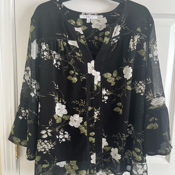 Fever Black Floral Blouse with White and Green Accents - Picture 1 of 2